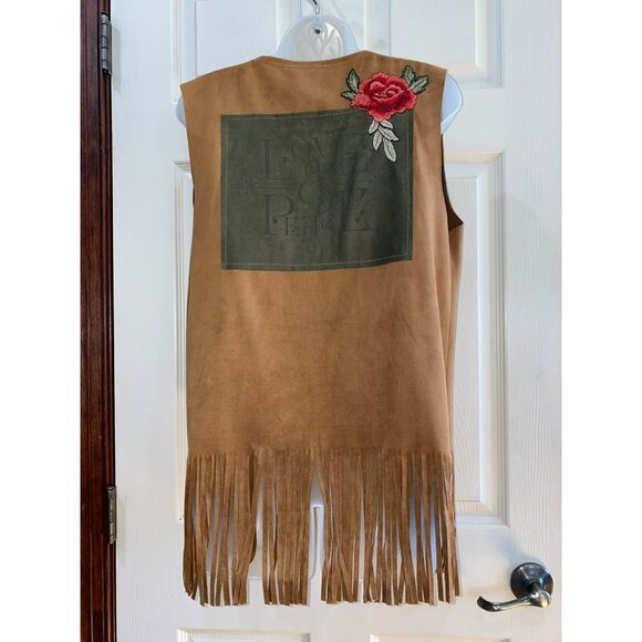 Tan Fringe Boho Vest With Embroidered Rose & Love & Peace Back Print OS - Picture 4 of 8